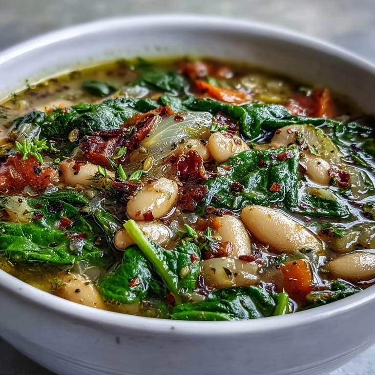 Creamy slow-cooked white bean soup with fresh spinach, carrots, and celery, garnished with a drizzle of olive oil and fresh basil leaves.