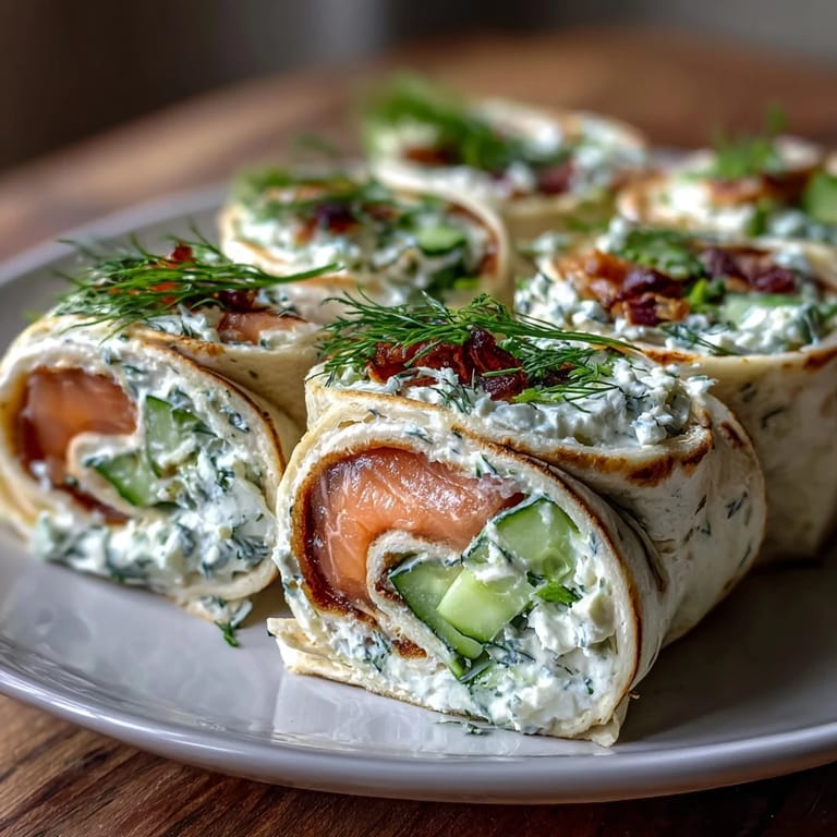 Creamy dill-infused cheese, crisp cucumber, and silky smoked salmon wrapped in flour tortillas create these irresistible party pinwheels.