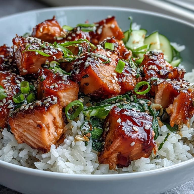 Vibrant salmon rice bowl topped with spicy mayo, fresh cucumber, and toasted sesame, served in a cozy Asian-inspired meal.  