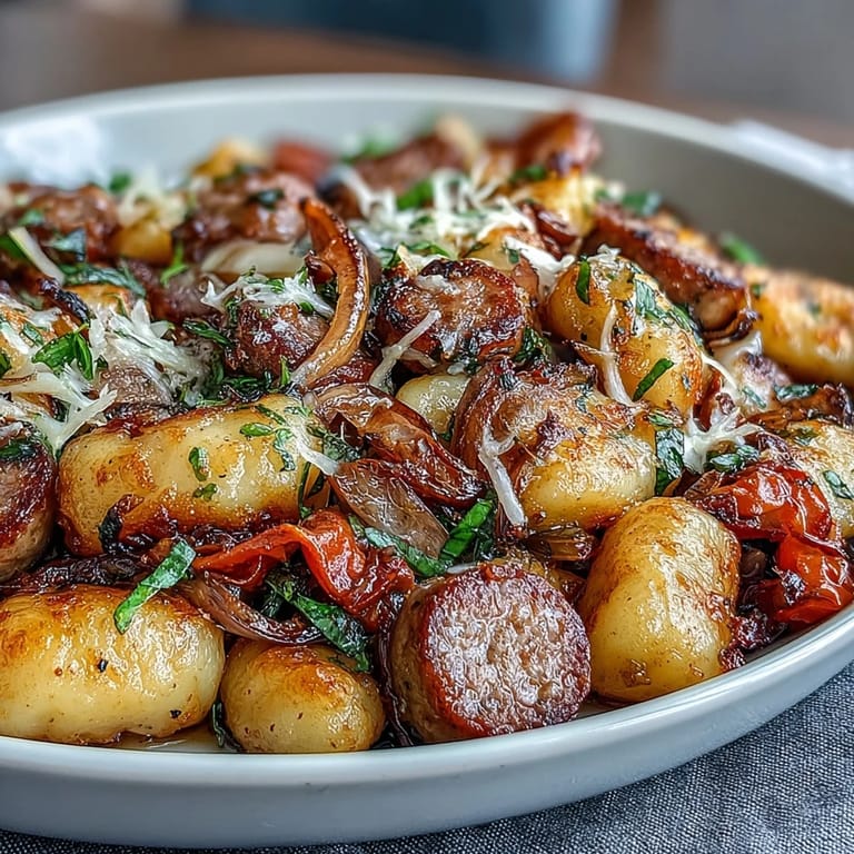 A vibrant sheet pan meal of crisped gnocchi, Italian sausage, and colorful roasted peppers, finished with Parmesan and fresh basil.