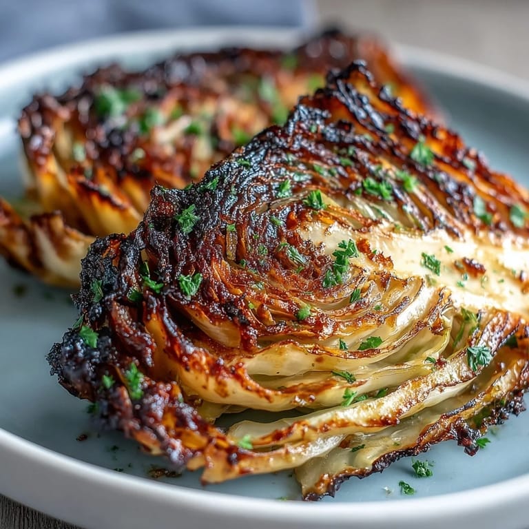 Thick-cut cabbage steaks roasted until caramelized and crispy, drizzled with olive oil and a burst of zesty lemon juice.