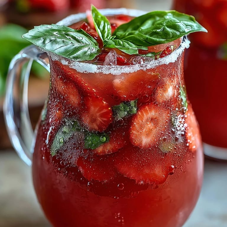 Enjoy this beautiful pitcher of Strawberry Basil Lemonade, ideal for summer celebrations.