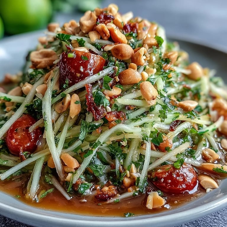 Refreshing green papaya salad, seasoned with chili-lime dressing and chopped peanuts.