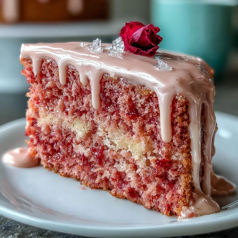 Beautifully decorated rosé velvet cake adorned with a delicate gold chocolate ganache.