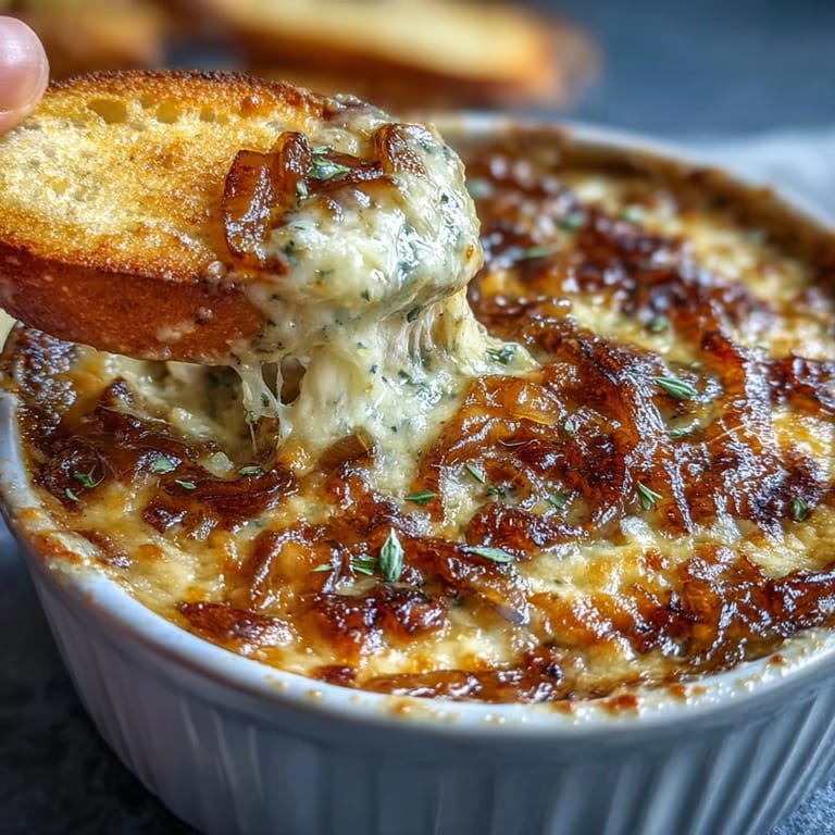 Savory Quick Onion Soup Gratin, a hearty, cheesy French classic bubbling hot.