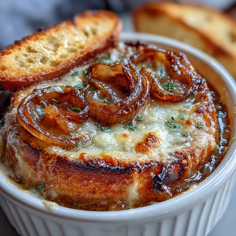 Warm Quick Onion Soup Gratin, topped with toasted baguette and gooey cheese.