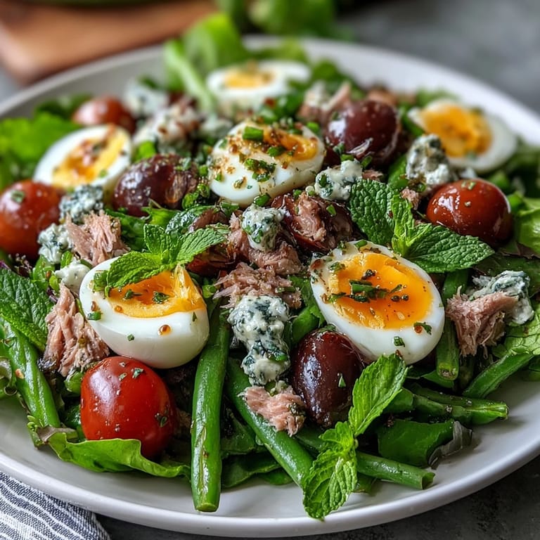 Classic Simple Niçoise Salad recipe showcases layered fresh ingredients and tuna chunks.