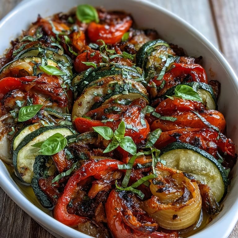 Golden roasted Easy Oven Ratatouille showcasing colorful, caramelized seasonal vegetables with herbs.