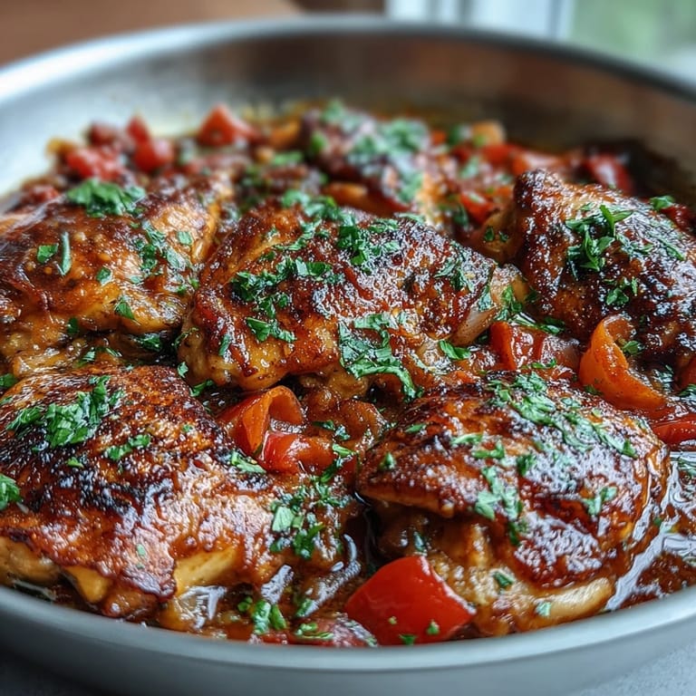 Simmered Easy Basque-Style Chicken garnished with fresh parsley, ready to eat.