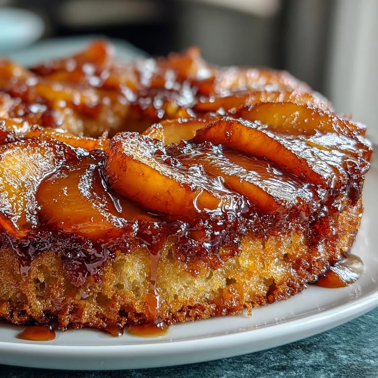 Slice of moist Brown Sugar Peach Upside-Down Cake, highlighting sweet, tender peaches.