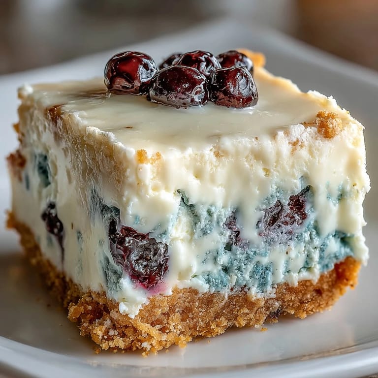 Inviting image of no-bake lemon blueberry cheesecake bars, ready to slice.