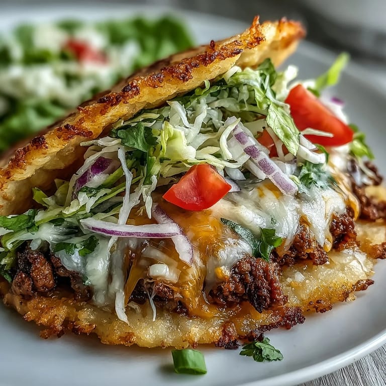 Stacked crispy rice burger tacos, ready to be devoured with tasty toppings.