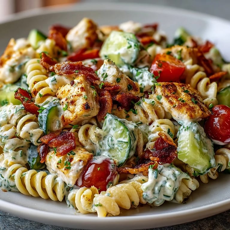 A delightful bowl of Creamy Chicken Bacon Ranch Pasta Salad, ready for sharing.
