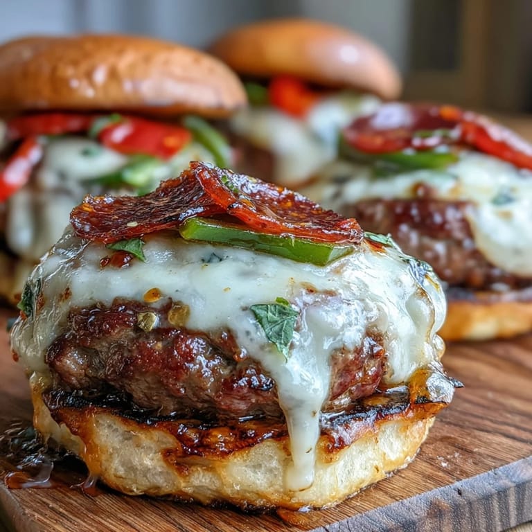 Juicy, sizzling Hot Honey Pizza Burgers loaded with toppings, ready to devour.