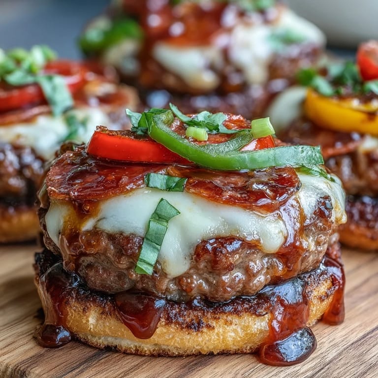 Close-up of a Hot Honey Pizza Burger, dripping with sauce and gooey cheese.