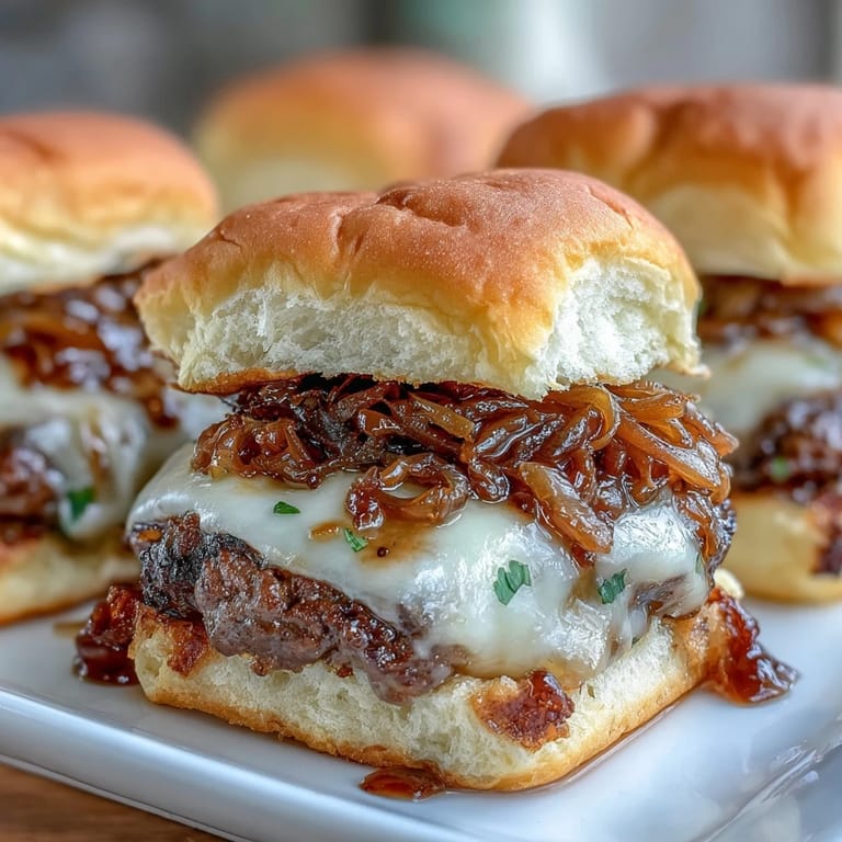 Melted cheese French Onion Smash Burger Sliders, a savory bite with tender onions.