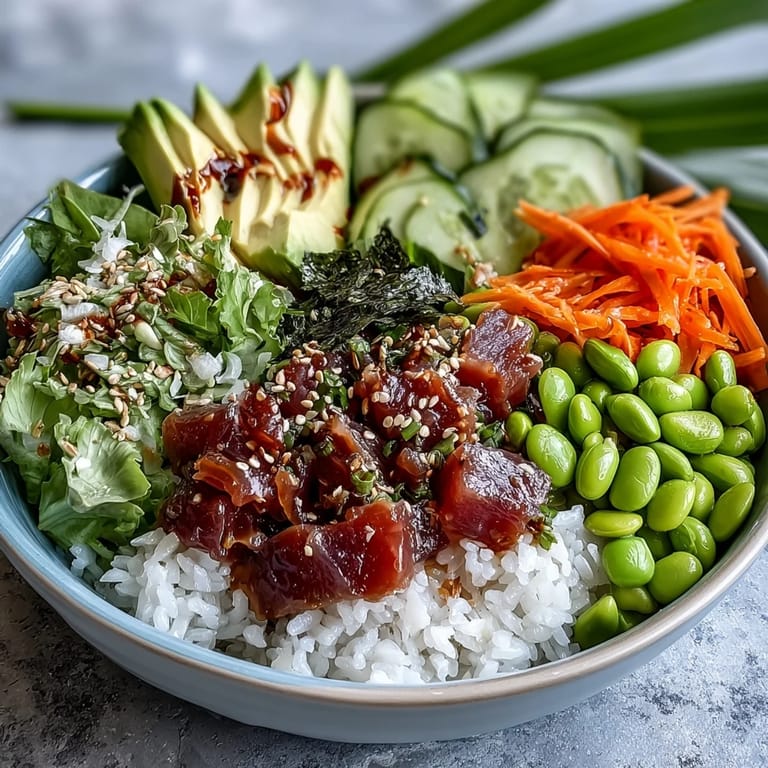 Vibrant canned tuna poke bowl, a satisfying, easy lunch with zesty dressing.