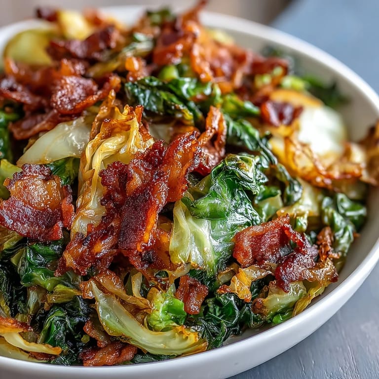 Golden-brown fried cabbage, bacon, and onion side dish ready to serve.