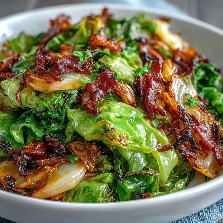 Savory sautéed cabbage with crispy bacon and caramelized onions, heartwarming.