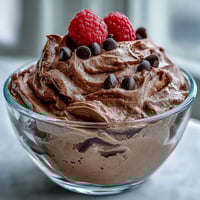 Creamy chocolate protein fluff topped with berries in a glass bowl, a thick and satisfying high-protein snack ready to enjoy.