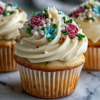Baby in Bloom Cupcakes with Buttercream Flowers, delicate vanilla cupcakes topped with vibrant piped buttercream blooms for baby showers.