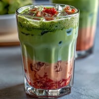 A creamy dairy-free latte with vibrant strawberry and matcha layers, served over ice in clear glasses for a refreshing treat.