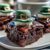 Festive Leprechaun Hat Brownie Bites with chocolate-dipped marshmallows and green icing, perfect for St. Patrick's Day dessert trays.