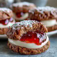 Clotted Cream Sugar Cookies with Strawberry Jam Centers—golden, buttery cookies with a rich clotted cream base and bright strawberry jam center.