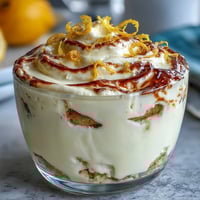 Individual limoncello tiramisu dessert jars with layers of lemon mascarpone cream and soaked ladyfingers, topped with white chocolate shavings.