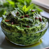 Vibrant dandelion pesto with garlic and pine nuts, perfect for pasta or sandwiches.  