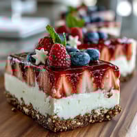 Festive no-bake cheesecake flag cake with fresh berries arranged in patriotic red, white, and blue stripes for Fourth of July celebrations.