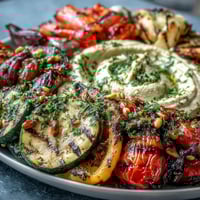 Colorful grilled vegetable platter with hummus, featuring zucchini, bell peppers, eggplant, and cherry tomatoes, perfect for healthy summer meals.