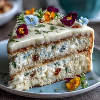 Spring Cake with Pressed Edible Flowers and Lemon Curd, beautifully decorated with vibrant pressed pansies and violets.
