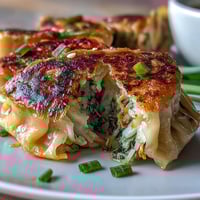 Crispy cabbage dumplings with golden pan-fried bottoms and savory vegetable filling, served with aromatic ginger soy dipping sauce.  