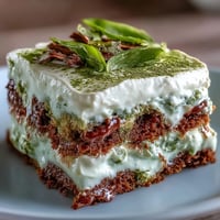 Matcha tiramisu with creamy mascarpone and delicate ladyfingers, dusted with vibrant green matcha powder.  