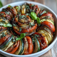 Colorful Easy Oven Ratatouille with fresh basil, tender roasted summer vegetables.